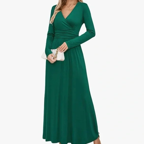 Green Maxi Dress L Faux Wrap Long Sleeve Wedding Guest Maternity | OUGES - Picture 1 of 10